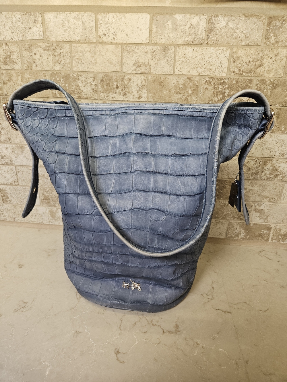 Coach Blue Denim Croc-Embossed Leather Bucket Bag - Picture 8 of 11